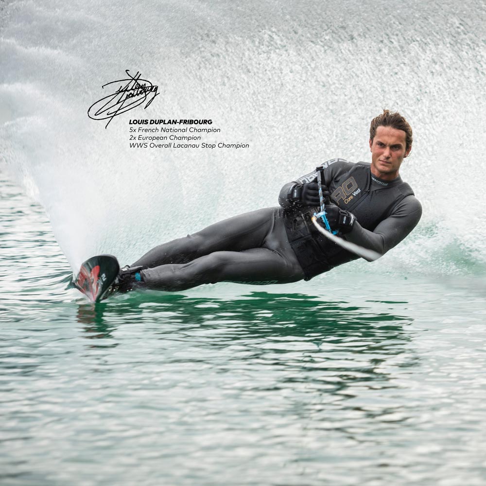 Man wears Camaro Core Vest while waterskiing